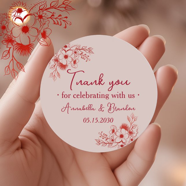 Adesivo Pink Red Floral Wedding Thank You (Criador carregado)
