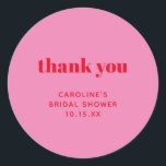 Adesivo Pink Red Modern Simple Thank You Bridal Shower<br><div class="desc">This round favor sticker features a bold pink background with red “thank you” lettering and space for the bride’s name and shower date. The bright, modern design adds a fun pop of color to bridal shower favors, gift bags, and party packaging. It’s an easy way to thank guests for celebrating...</div>