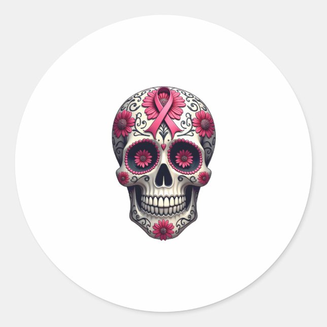 Adesivo Pink Ribbon Sugar Skull Calavera Breast Cancer Awa (Frente)