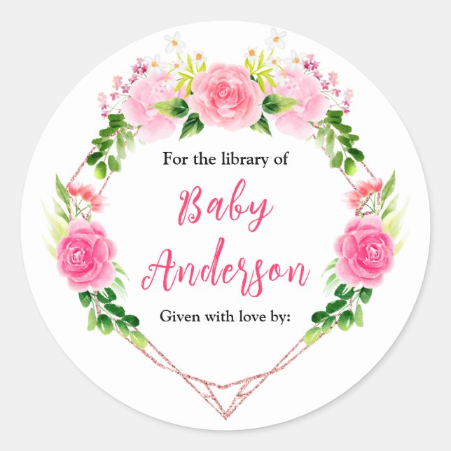 Adesivo Pink Roses Floral Baby Shower Bookplate (Frente)