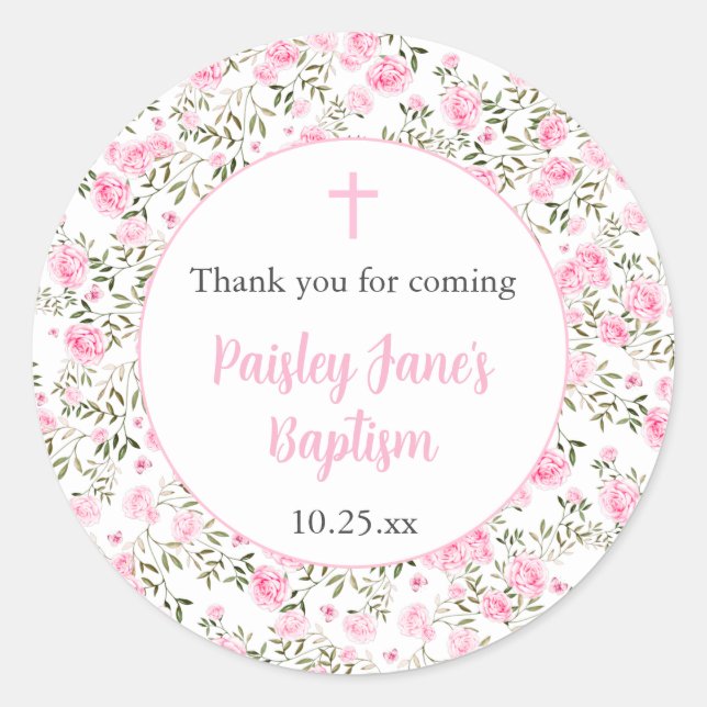 Adesivo Pink Roses Girl baptism thank you sticker (Frente)