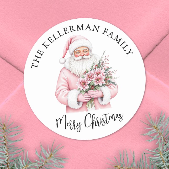 Adesivo Pink Santa Merry Christmas (Pink Santa Merry Christmas Classic Round Sticker)