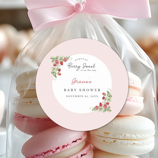 Adesivo Pink Strawberry Baby Shower (Berry Sweet Baby Shower Round Sticker)