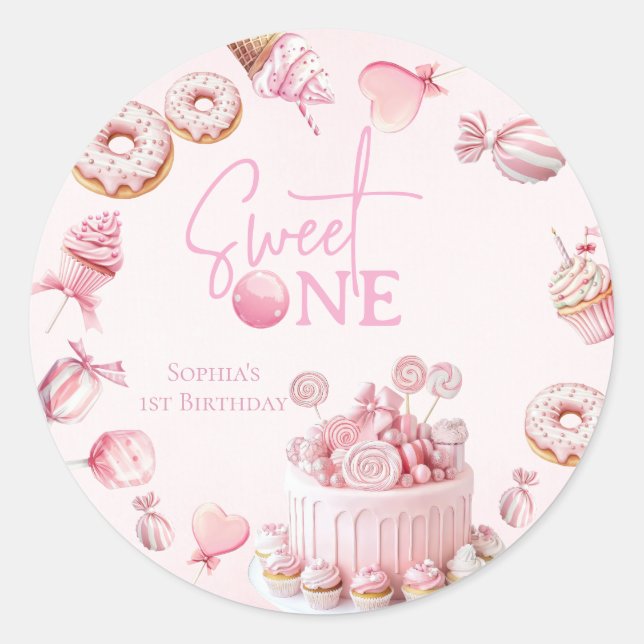 Adesivo Pink Sweet One Round Favor Stickers (Frente)