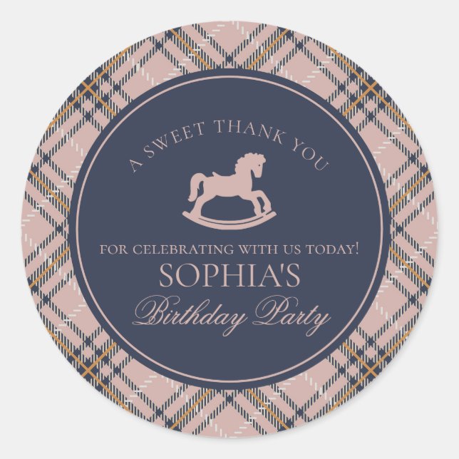 Adesivo Pink Tartan Plaid Rocking Horse Birthday Favor (Frente)