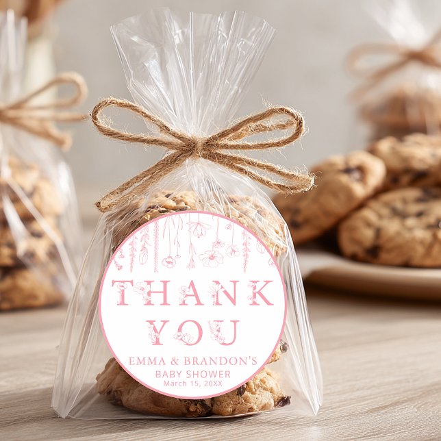Adesivo Pink Wildflower Baby Shower Thank You Stickers (Pink Thank You Sticker)