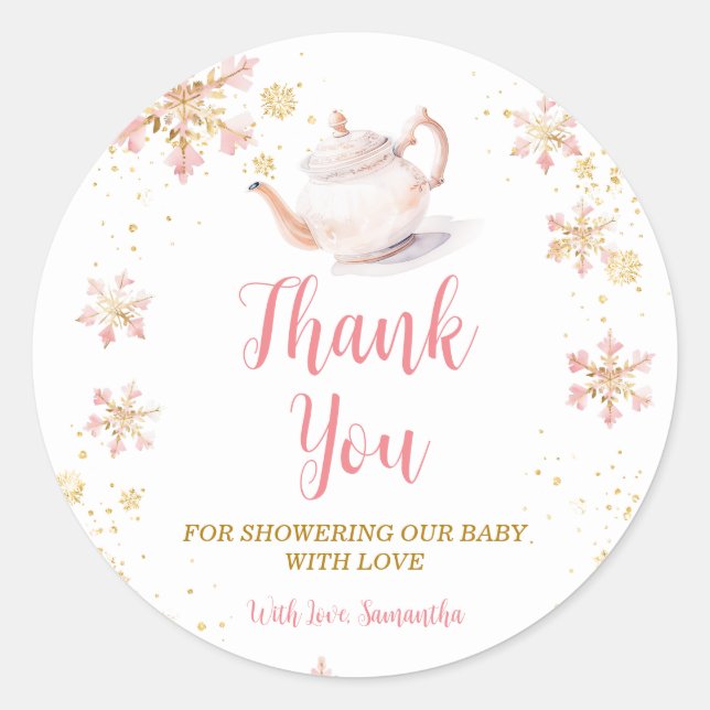 Adesivo Pink Winter Tea Party Baby Shower Thank You (Frente)