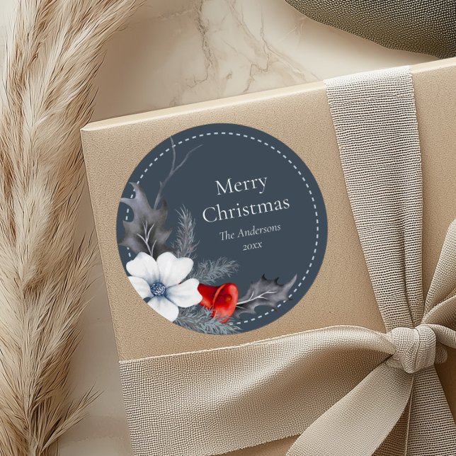 Adesivo Pinos de presente de Natal de Folhagem Vermelha Az (Blue Red Silver Foliage Christmas Gift Stickers on a beige gift box.)