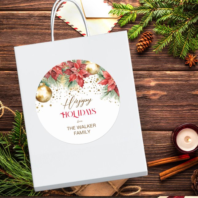 Adesivo Pintétia vermelha de cor aquosa elegante Natal (Happy Holidays watercolor elegant poinsettia gold baubles sprinkles gift stickers)