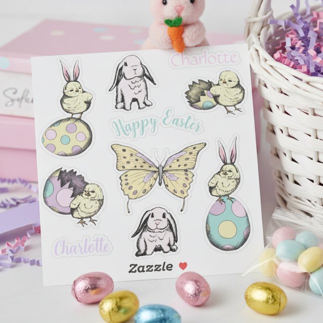 Adesivo Pintinho de Páscoa, coelho, borboleta e nome perso (Cute Happy Easter Bunny Rabbit, Colorful Eggs & Butterfly Stickers in Pastel Colors for Her)