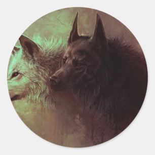 Adesivo Pintura de lobo negro e lobo branco.