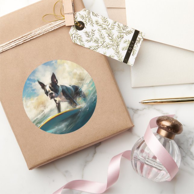 Adesivo Pintura de surf em Boston Terrier Beach (Presentear)