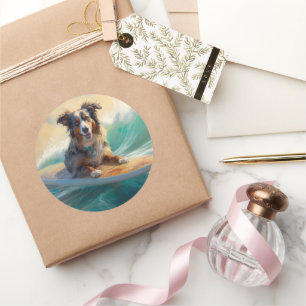 Adesivo Pintura de Surf na Praia do Australian Shepherd