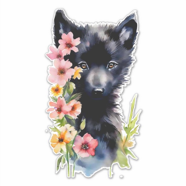 Adesivo Pintura em aquarela do filhote de Lobo Negro (Frente)