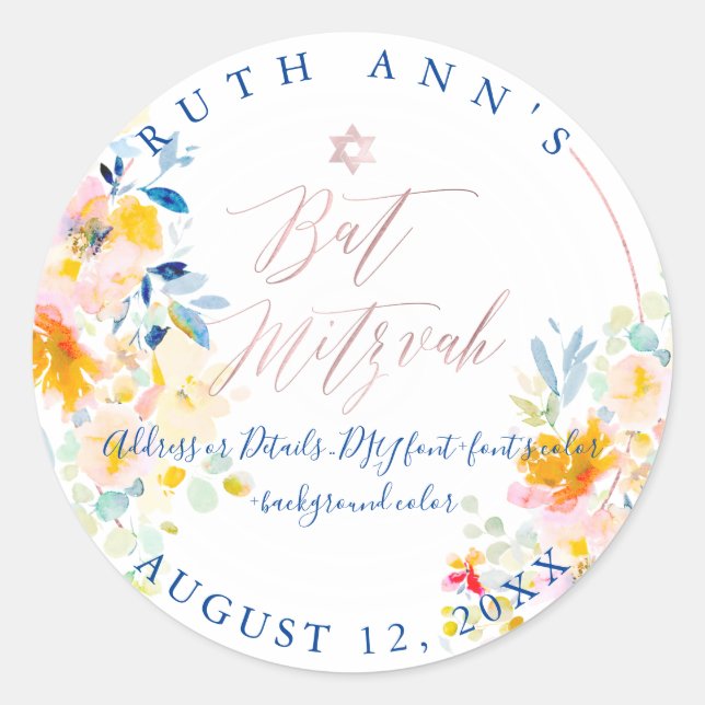 Adesivo PixDezines Bat Mitzvah, Floral Watercolor, Creme (Frente)