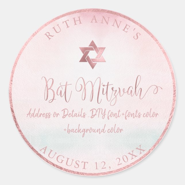 Adesivo PixDezines Bat Mitzvah Pink Watercolor (Frente)