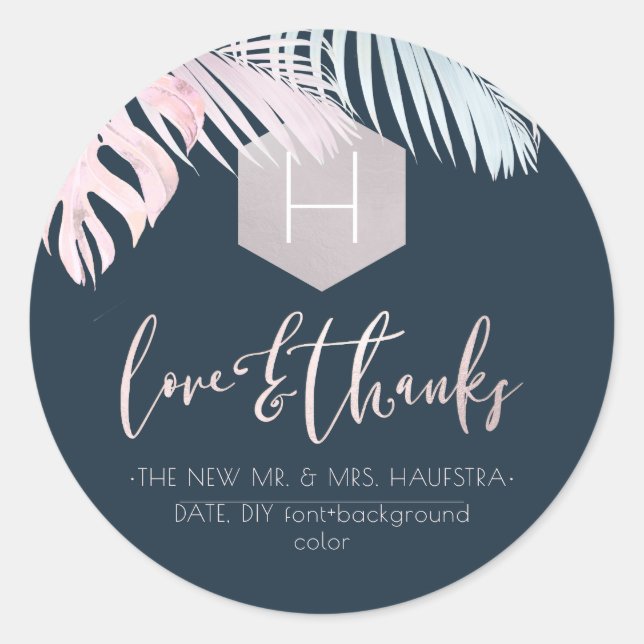 Adesivo PixDezines Palmas Monograma Blush Silver, Obrigado (Frente)