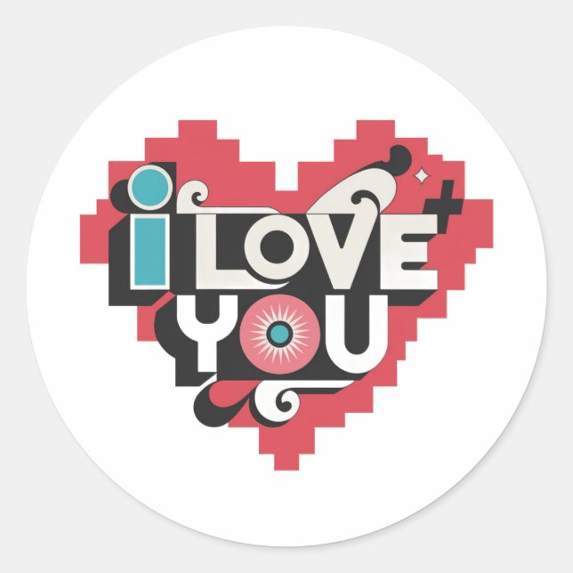 Adesivo Pixel Heart Eu Te Amo Tipografia Retro (Frente)