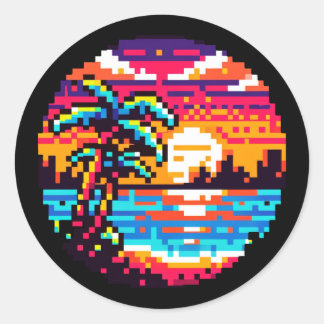 Adesivo Pixel Paradise: Retro Natureza Tropical Sunset De 