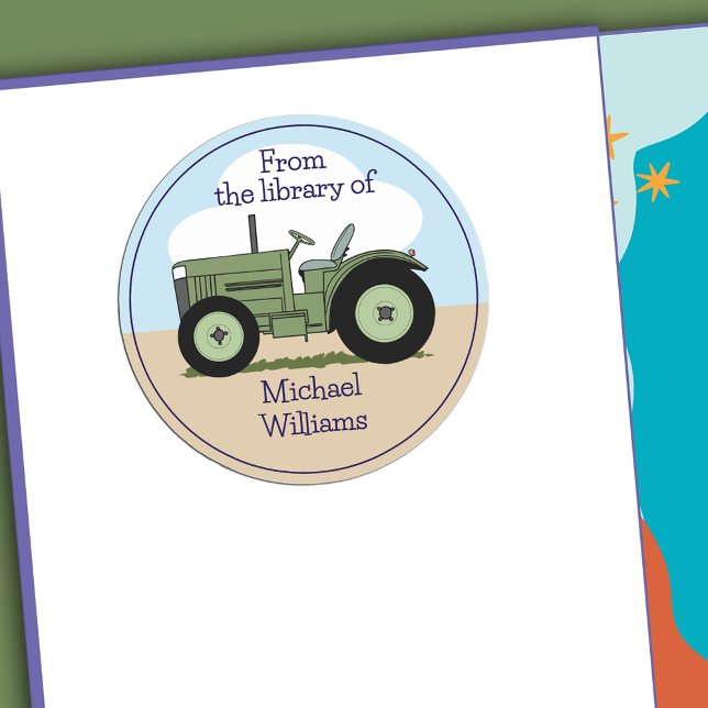 Adesivo Placa de Reserva Personalizada do Trator de Fazend (Cute Green Farm Tractor Personalized Bookplate)