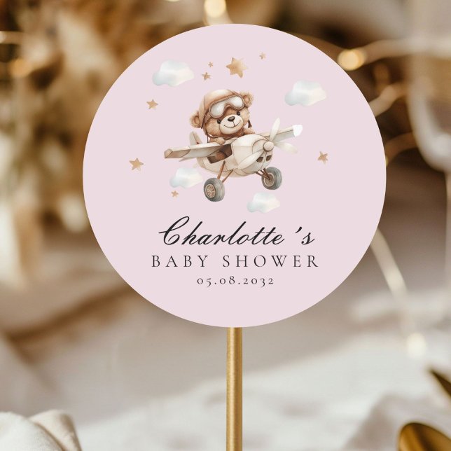 Adesivo Podemos Esperar! Urso de Teddy e Avião (Personalized, We Can Bearly Wait! Teddy Bear & Airplane Classic Round Sticker)