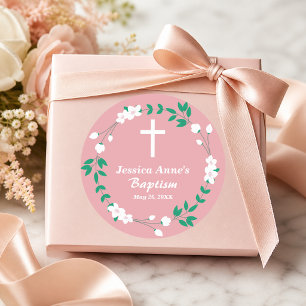 Adesivo Poeira Rosa Cruz Branca Floral Brasão Batismo