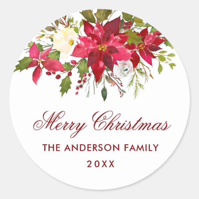Adesivo Poinsettia Floral de Envelope Vermelho de Natal (Frente)