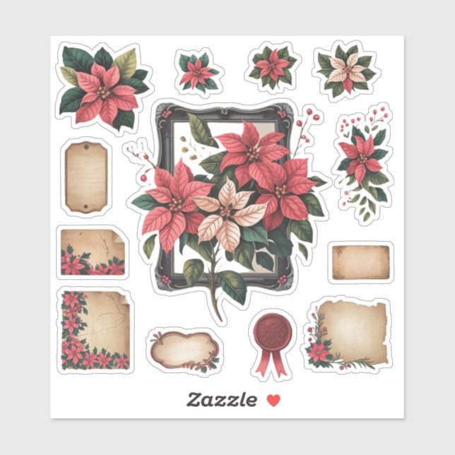 Adesivo Poinsettia Natal Vintage Ephemera Stickers (Folha)