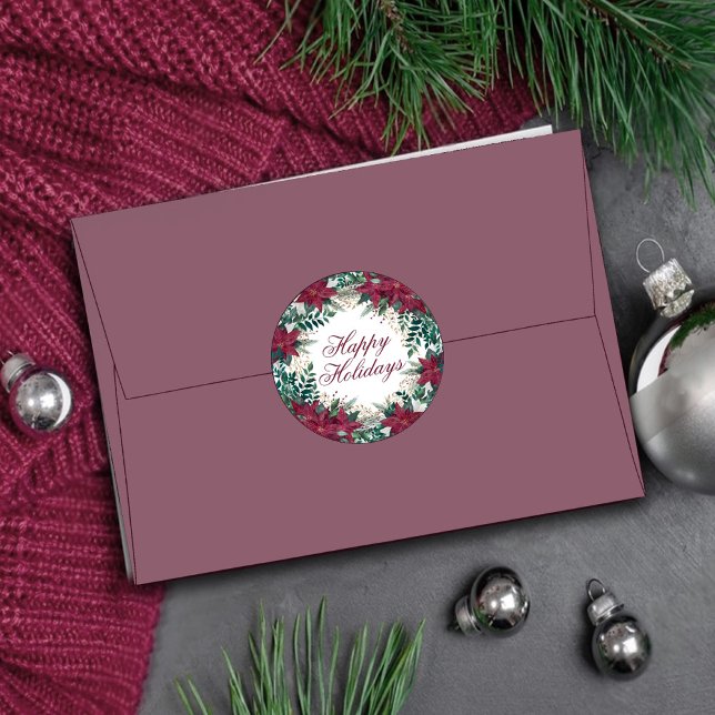 Adesivo Poinsettia Wreath Burgundy Envelope Feriado Seal (Criador carregado)