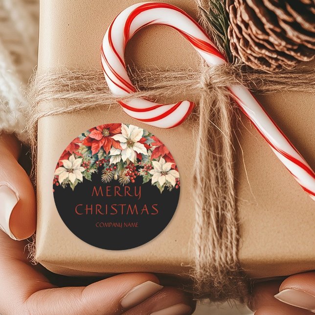 Adesivo Poinsettias Feliz Natal (Poinsettias Merry Christmas Classic Round Sticker)