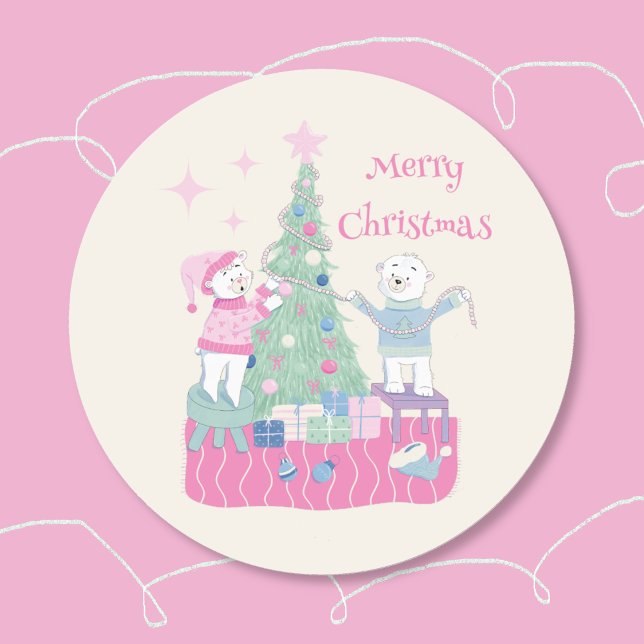 Adesivo Polar Bear Cubs Decorando Vinheta de Árvore de Nat (Polar bear cubs decorating a Christmas tree cream round Holiday sticker . )