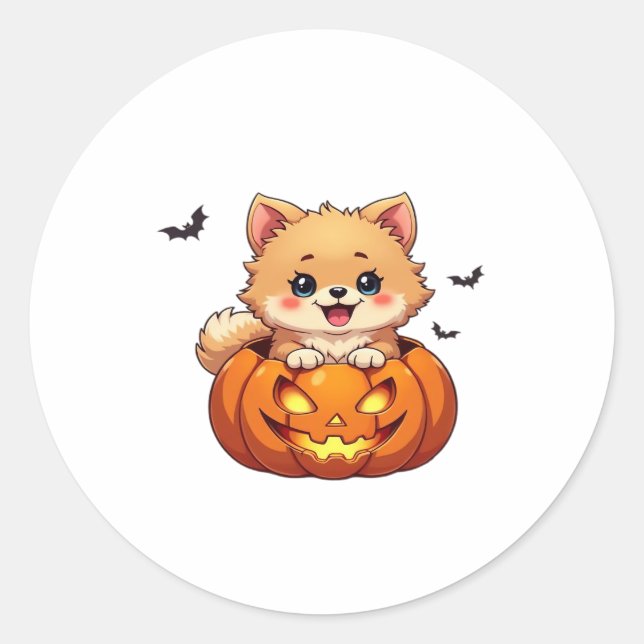 Adesivo Pomerânia cão Feliz Halloween Bompkin Clássico T-S (Frente)