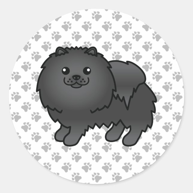 Adesivo Pomerânia Preto Cachorro de Desenho Animado Fofo & (Frente)