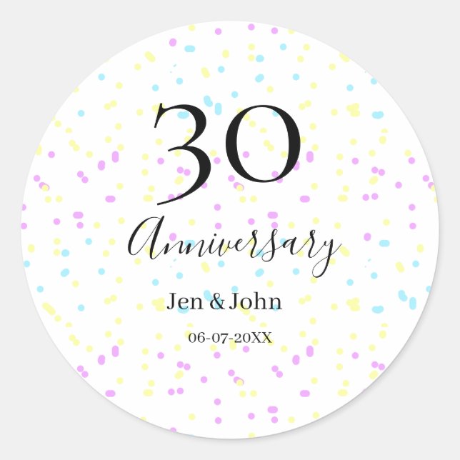 Adesivo Pontos polka amarelo azul rosa nome de 30º anivers (Frente)
