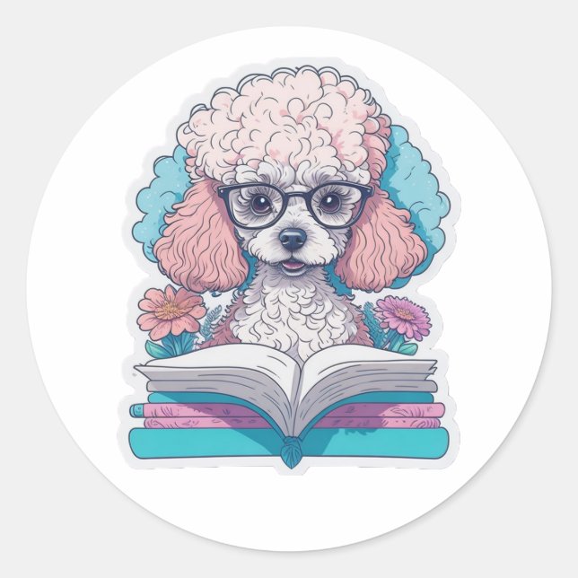 Adesivo Poodle Bonito Lendo Um Livro (Frente)