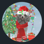 Adesivo Poodle Christmas<br><div class="desc">Um cachorro na neve com presentes de Natal e queda de neve é uma ideia perfeita para alguém que ama cachorros.</div>