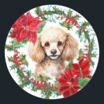 Adesivo Poodle Dog Poinsettia Holly Christmas Wreath<br><div class="desc">Estes adesivos bonito de Feriado têm uma imagem vintage de uma morango sagrada e coroa vermelha de poinsettia. No centro está um belo retrato aquoso de um Poodle de Brinquedos. Perfeito para sua correspondência de Natal ou pacotes de presentes!</div>