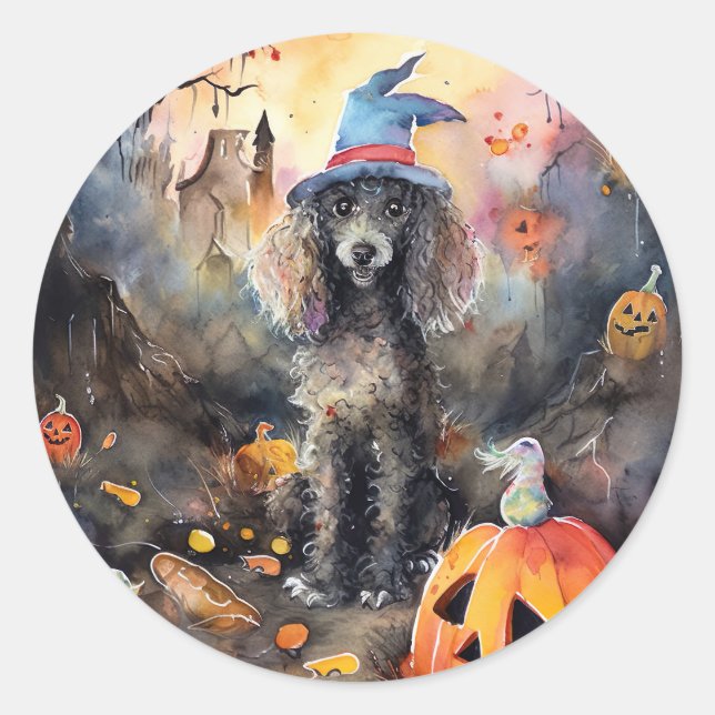 Adesivo Poodle Halloween Com Pumpkins Assustado (Frente)
