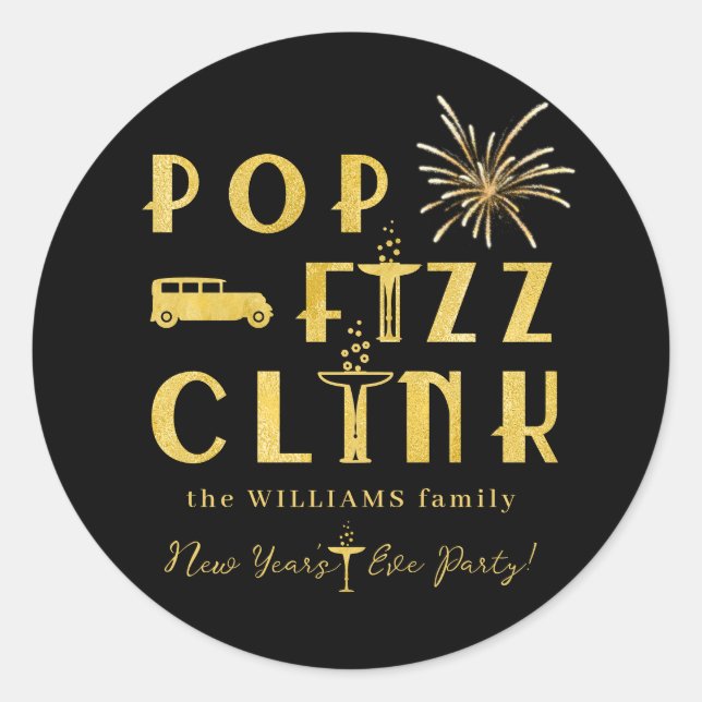 Adesivo Pop Fizz Clink Gold Typograpy Modern New Years Eve (Frente)