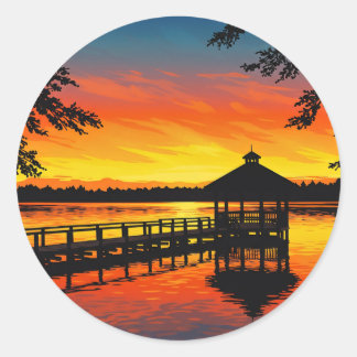 Adesivo Pôr do Sol Fogo no Lago Vermelho com Dock