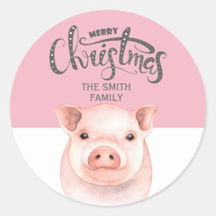 Adesivo Porco Branco Rosa Feliz Natal Nome da Família