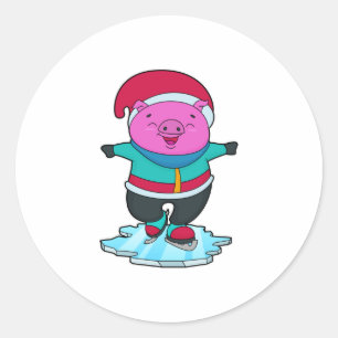 Adesivo Porco no patinação no gelo com patins de gelo e ch