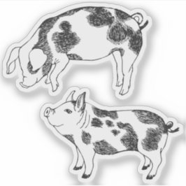 Adesivo Porco preto e branco fofo desenhado à mão com manc