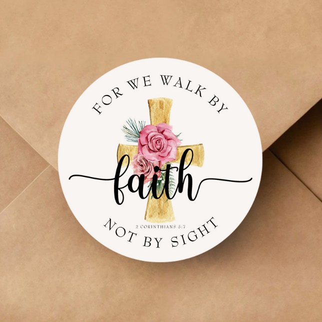 Adesivo Porque Caminhamos Por Fé / Cruz Floral Christian (For We Walk By Faith / Floral Cross Christian Classic Round Sticker)