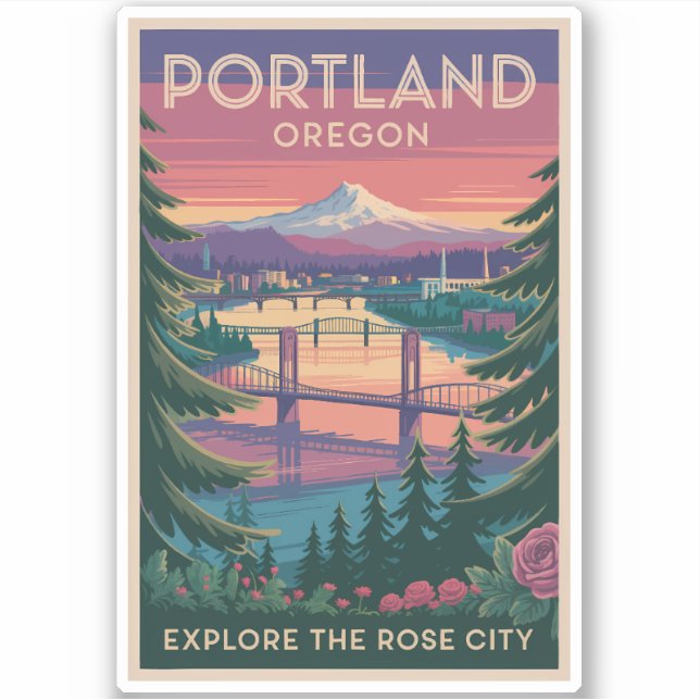 Adesivo Portland Oregon Mount Hood Viagem Art Vintage (Frente)