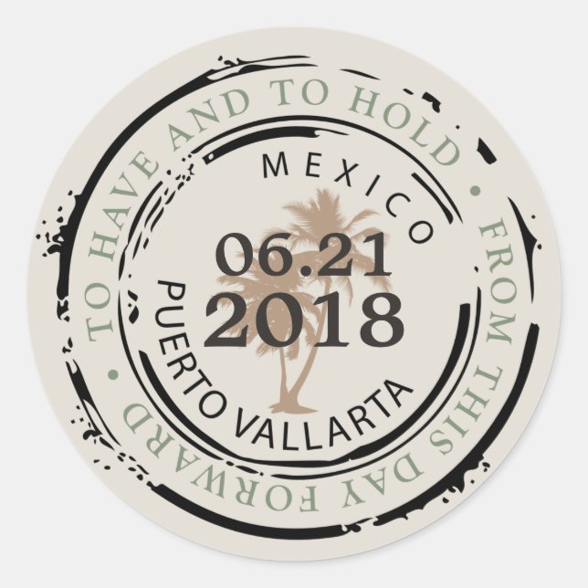 Adesivo Porto Vallarta Mex Passaporte Carimbo com Palmeira (Frente)