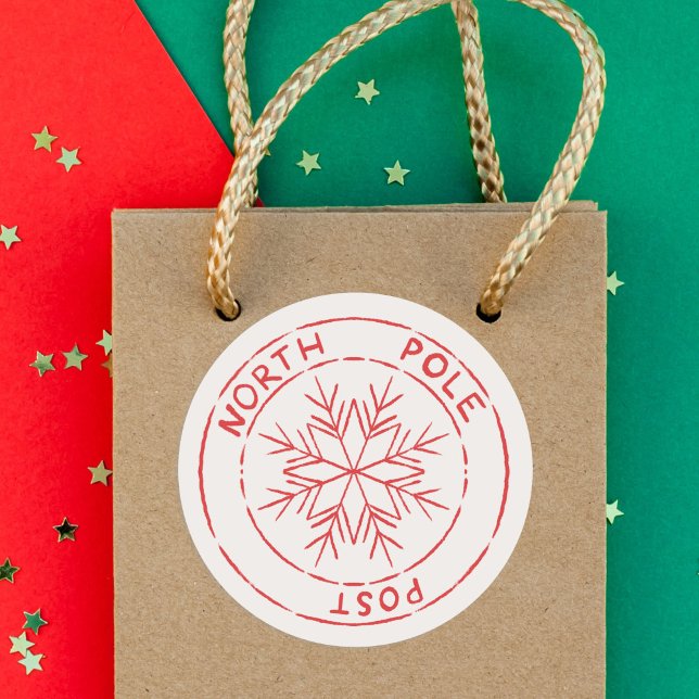 Adesivo Posto do Polo Norte Carimbo Snowflake Natal (North Pole Post Stamp Christmas Classic Round Sticker)