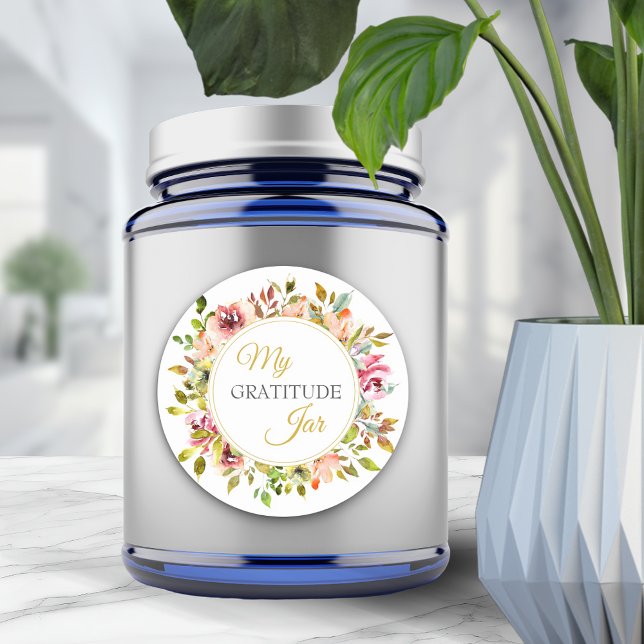 Adesivo Pote de Agradecimento de Flores do Jardim de Verão (Summer Garden Floral Thank You Gratitude Jar Classic Round Sticker)