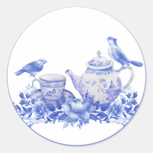 Adesivo Pote de chá azul e branco com aves 