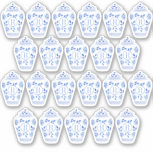 Adesivo Pote de Gengibre Azul e Branco com Monograma Prepp